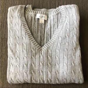 LOFT Light Gray Cable-Knit V-Neck Sweater